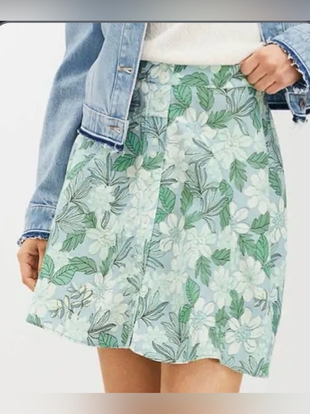 NWT - LOFT Pale Blue and Green Floral Faux Button-Front Skirt - Elastic Back
